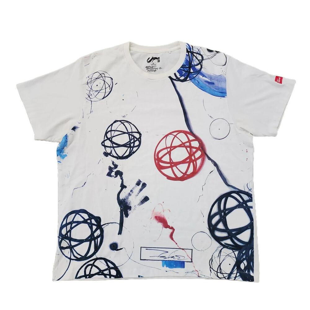 Uniqlo White Short Sleeve Graphic Tee with Navy & Red Orb Prints